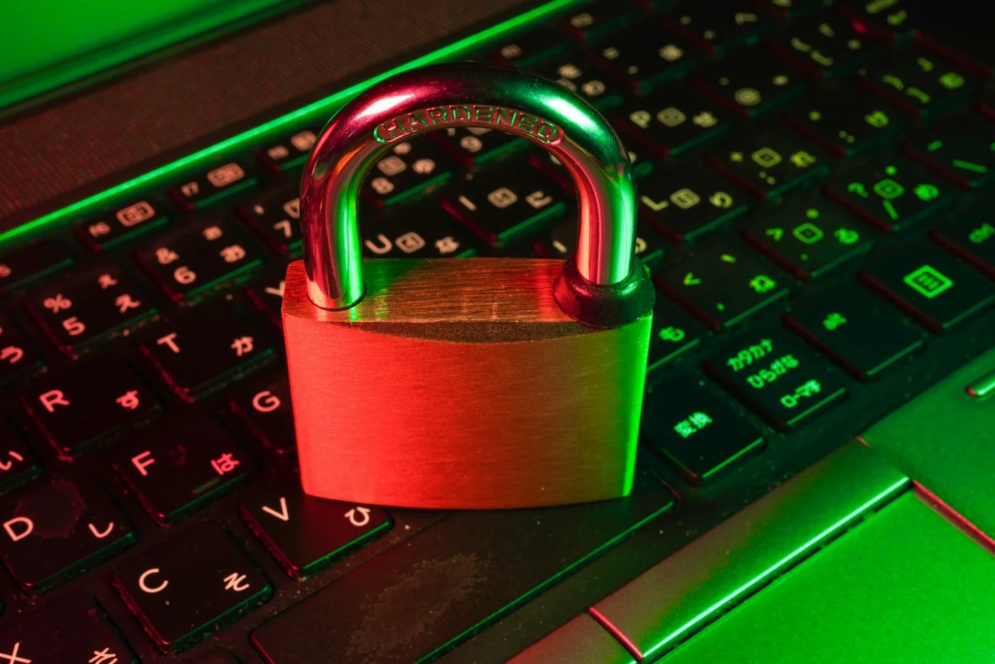 A padlock resting on a computer keyboard.