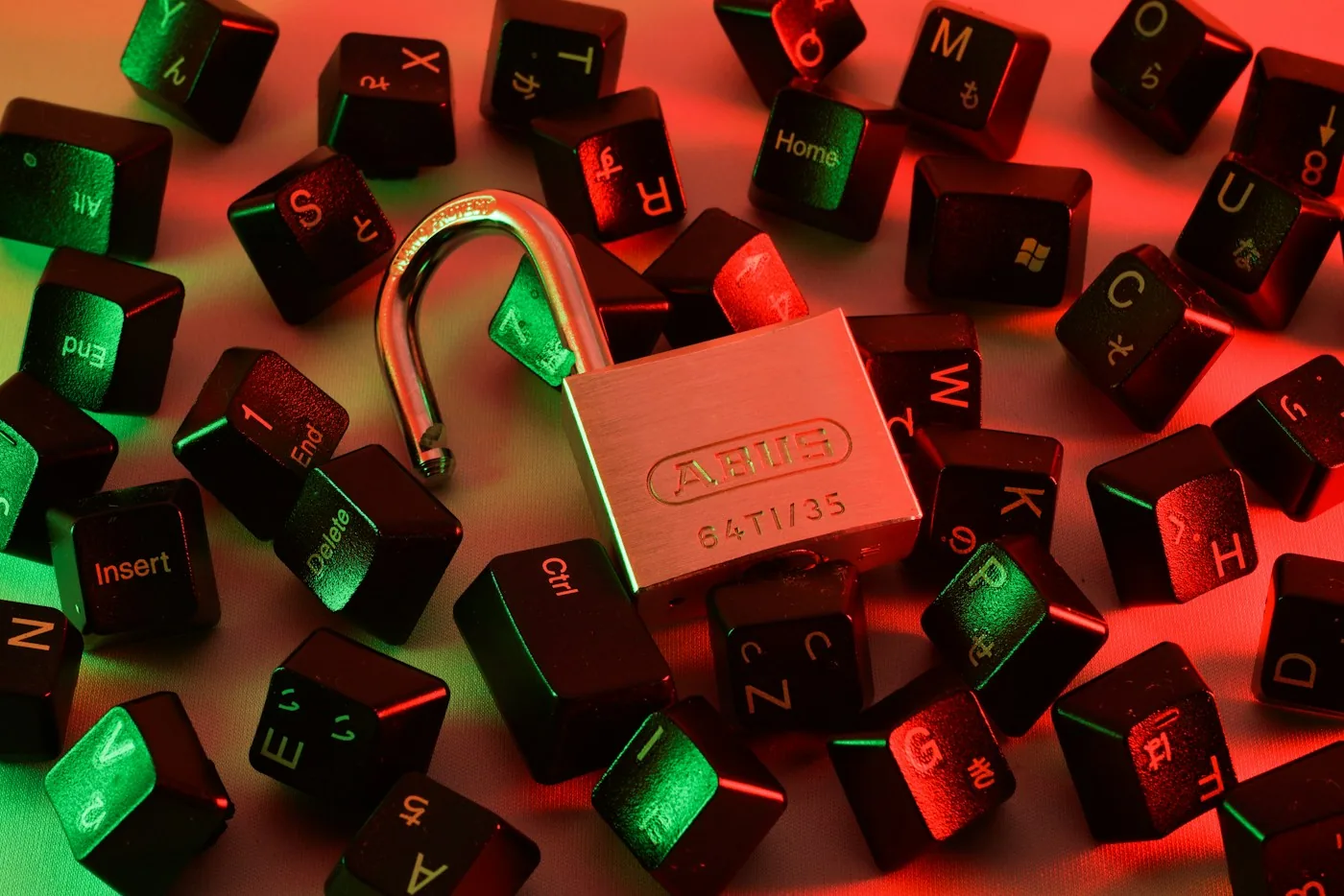 An open padlock among computer keys.
