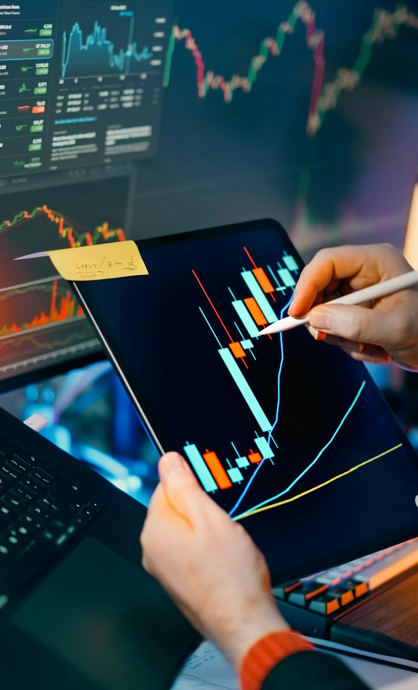 A hand annotating financial charts on a tablet.