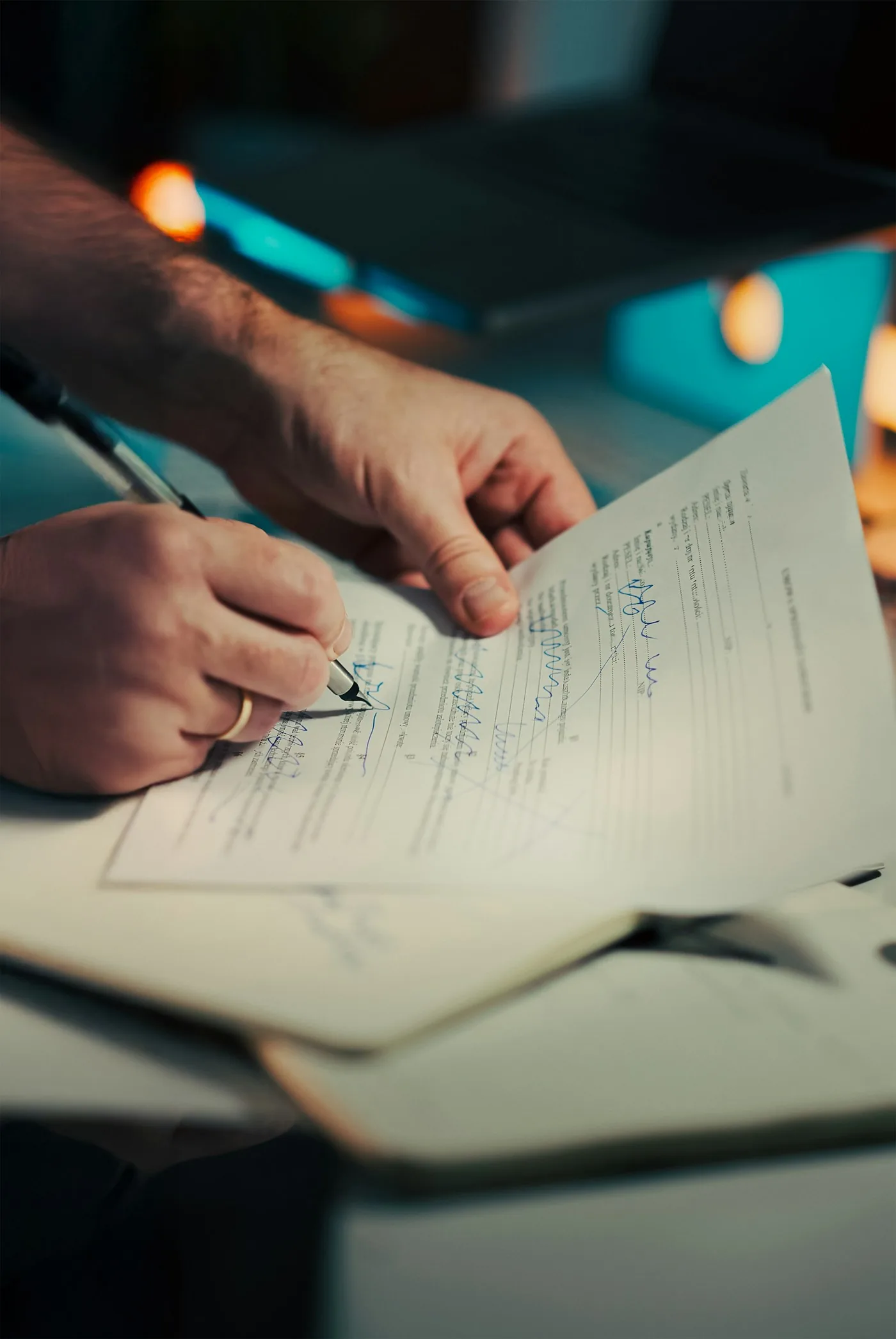 A hand signing a printed business document.