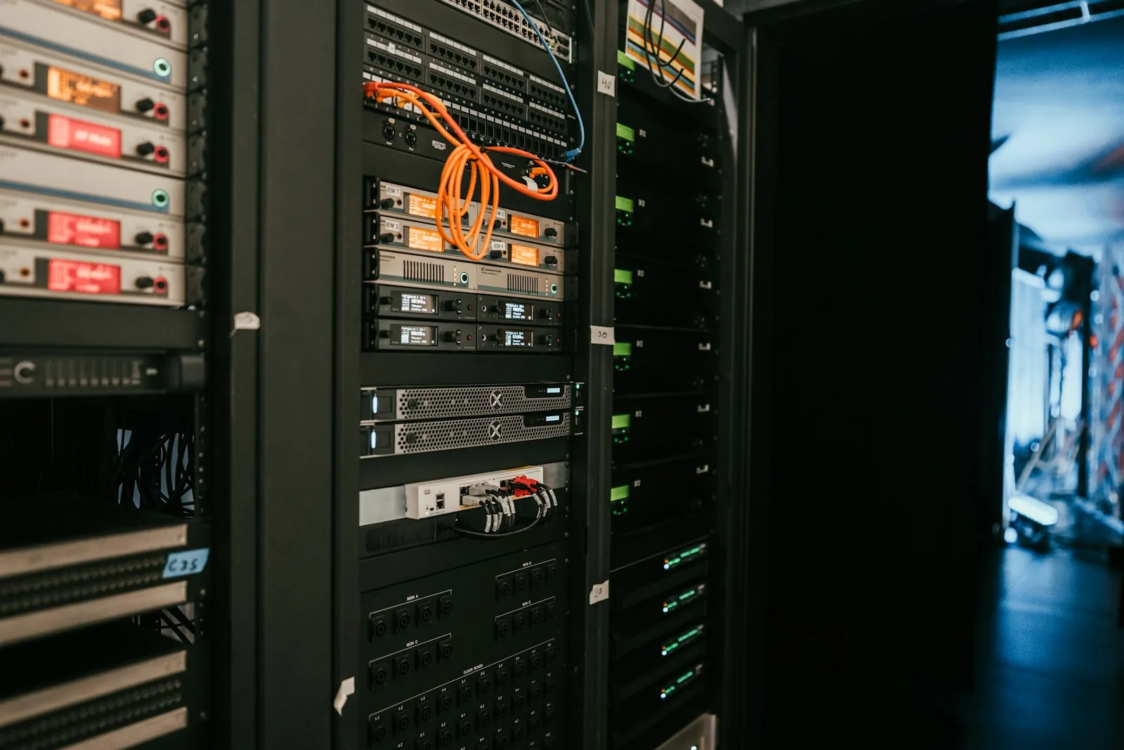 Server equipment and cabling in an infrastructure rack.