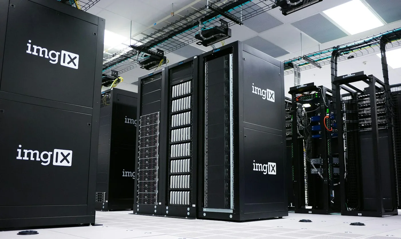 Rows of server racks in a data center.
