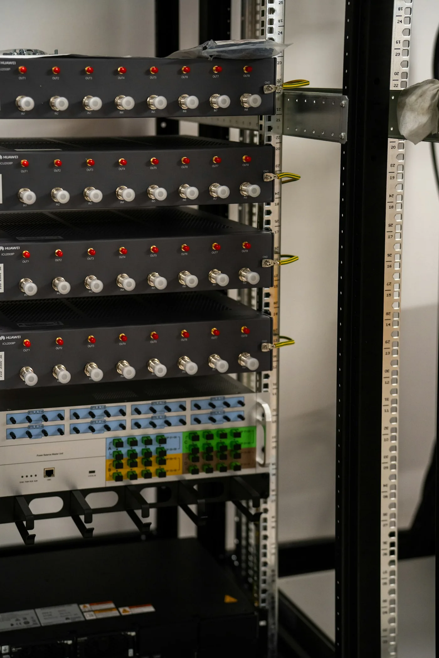 Network and server connections in an equipment rack.