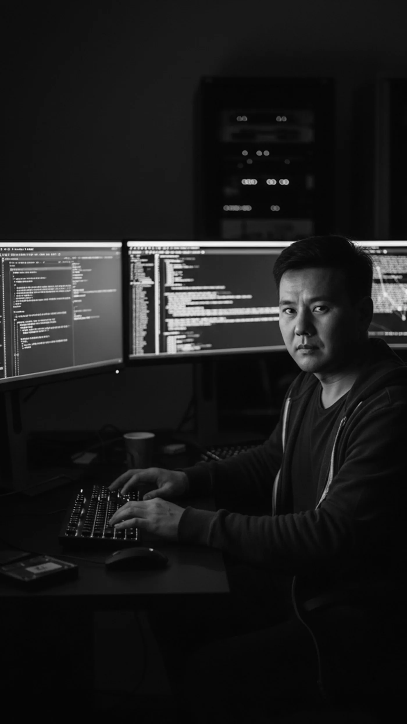 A technology professional at a multi-monitor coding workstation.