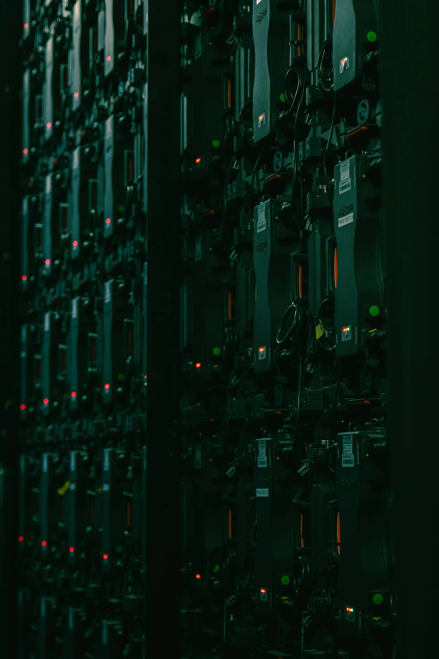Rows of electronic infrastructure equipment.